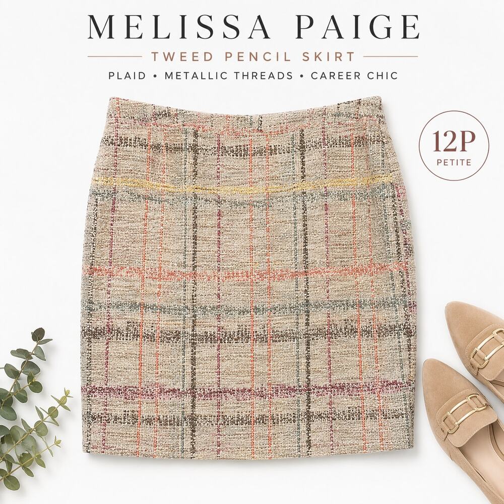 Melissa Paige Tweed Plaid Pencil Skirt 12P Boucle Career Office Neutral